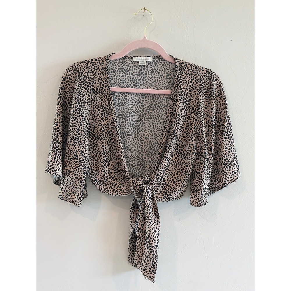 American Eagle Leopard Print Tie Front Crop Top Tan Black Short Sleeve Small